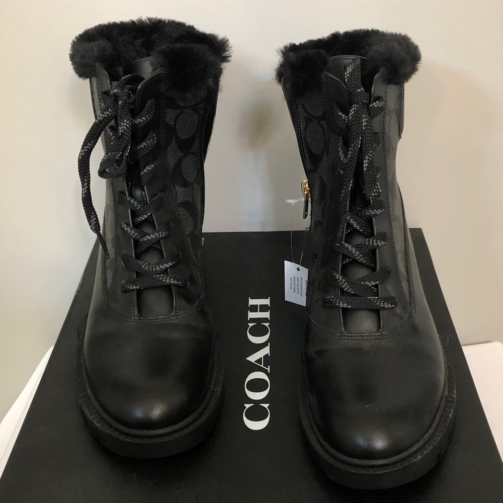 Coach Black Fur-Trimmed Combat Boots